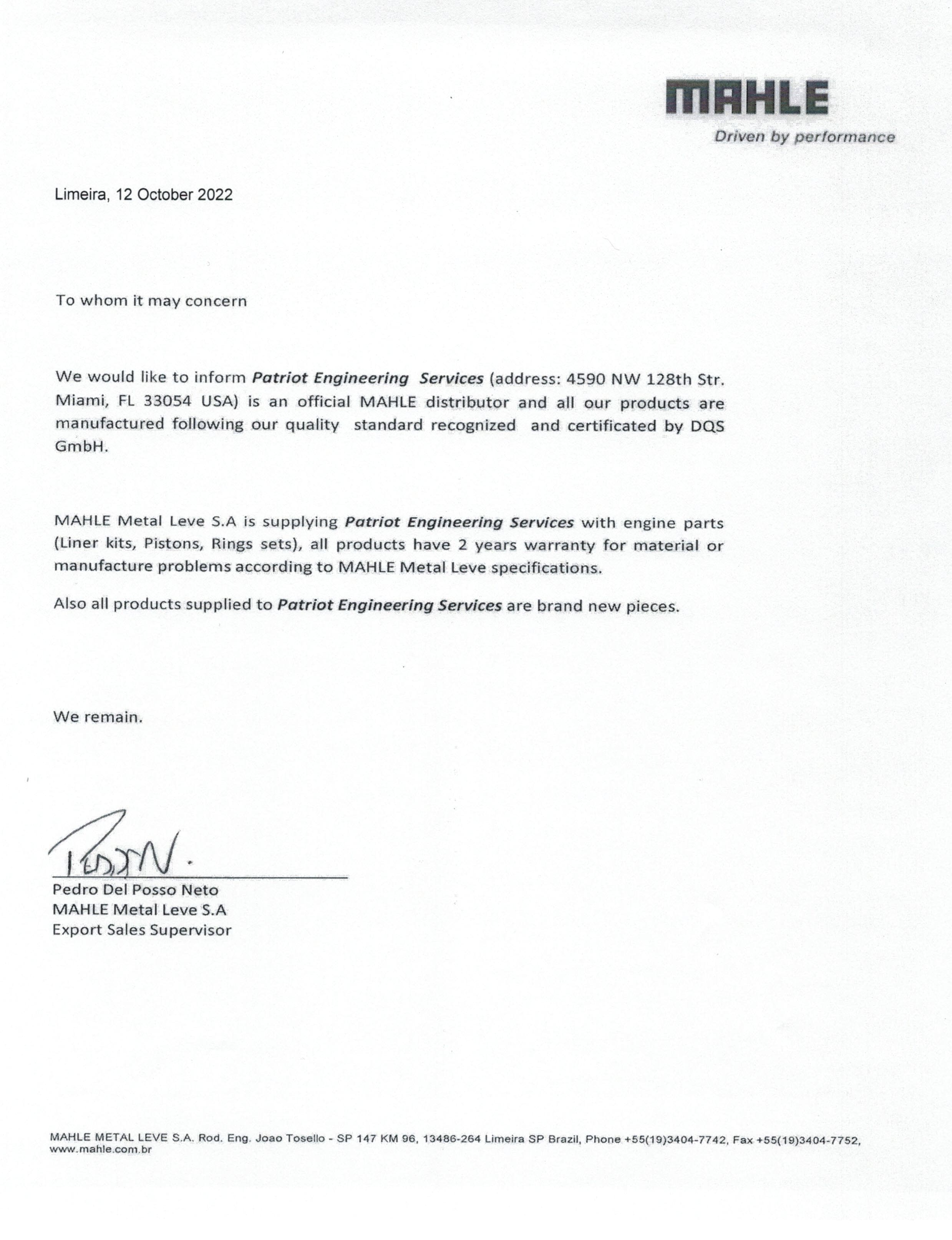 MAHLE Metal Leve SA Authorized Distributor 2022